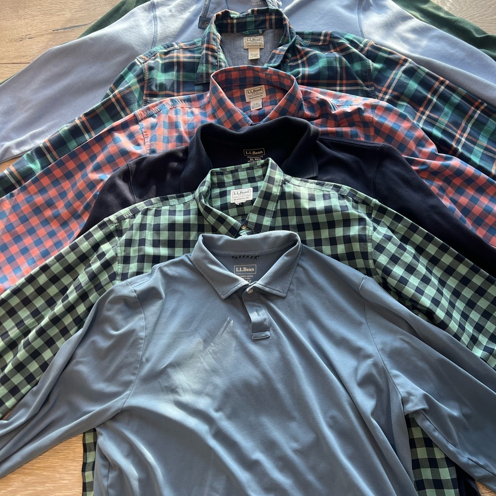 L.L. Bean Men's Polo & Button-Down Shirt Bundle - Blue, Green, Navy Checks